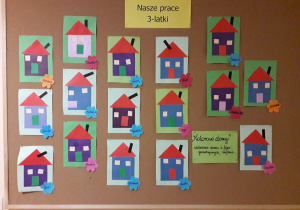 Kolorowe domy-układanie domu z figur geometrycznych, klejenie.